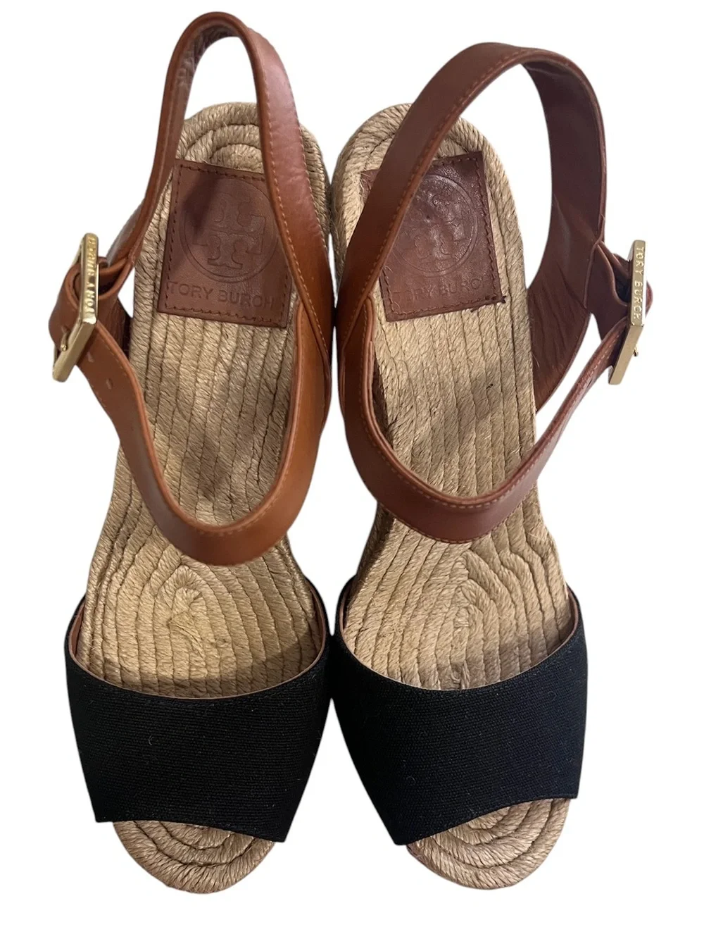 Tory Burch Bima Black Canvas dark brown Wedge Sandals Size 8